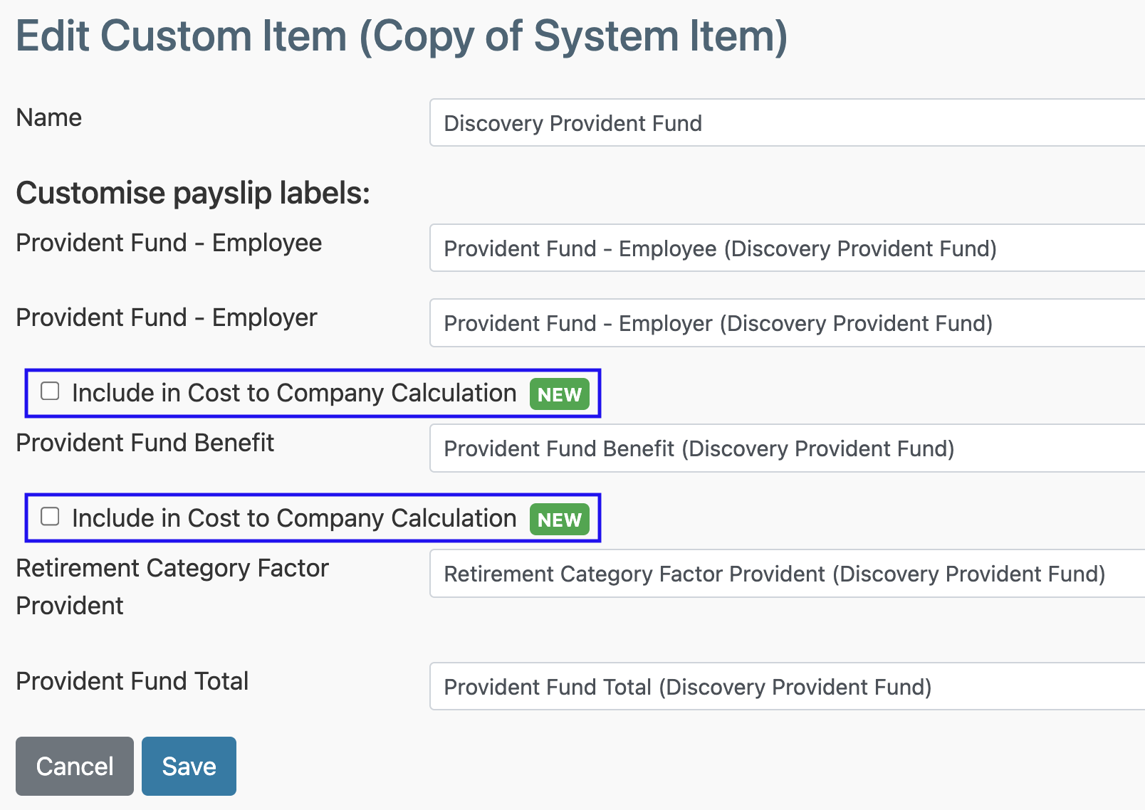 _**Edit Custom Item**_ screen with two **Include in Cost to Company Calculation** checkboxes